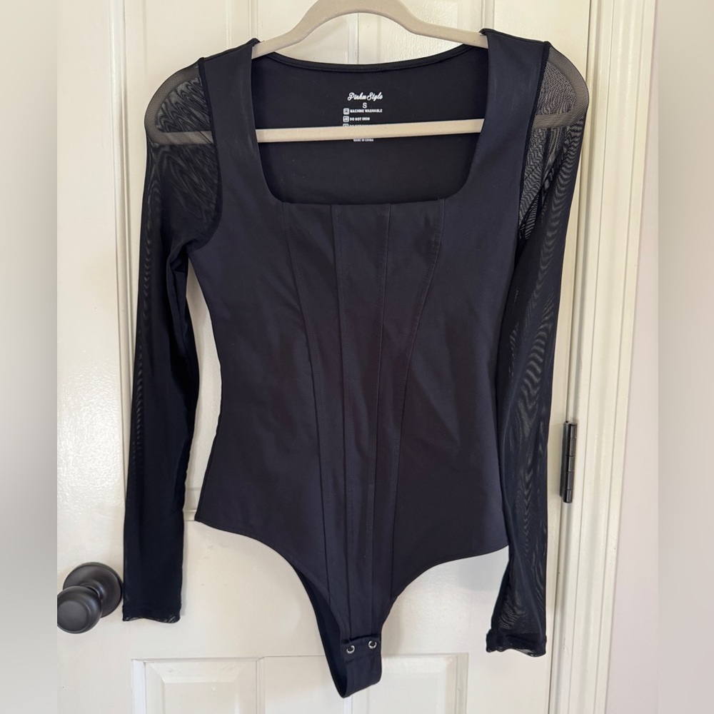 Black Sheer Sleeve‎ Corset Bodysuit